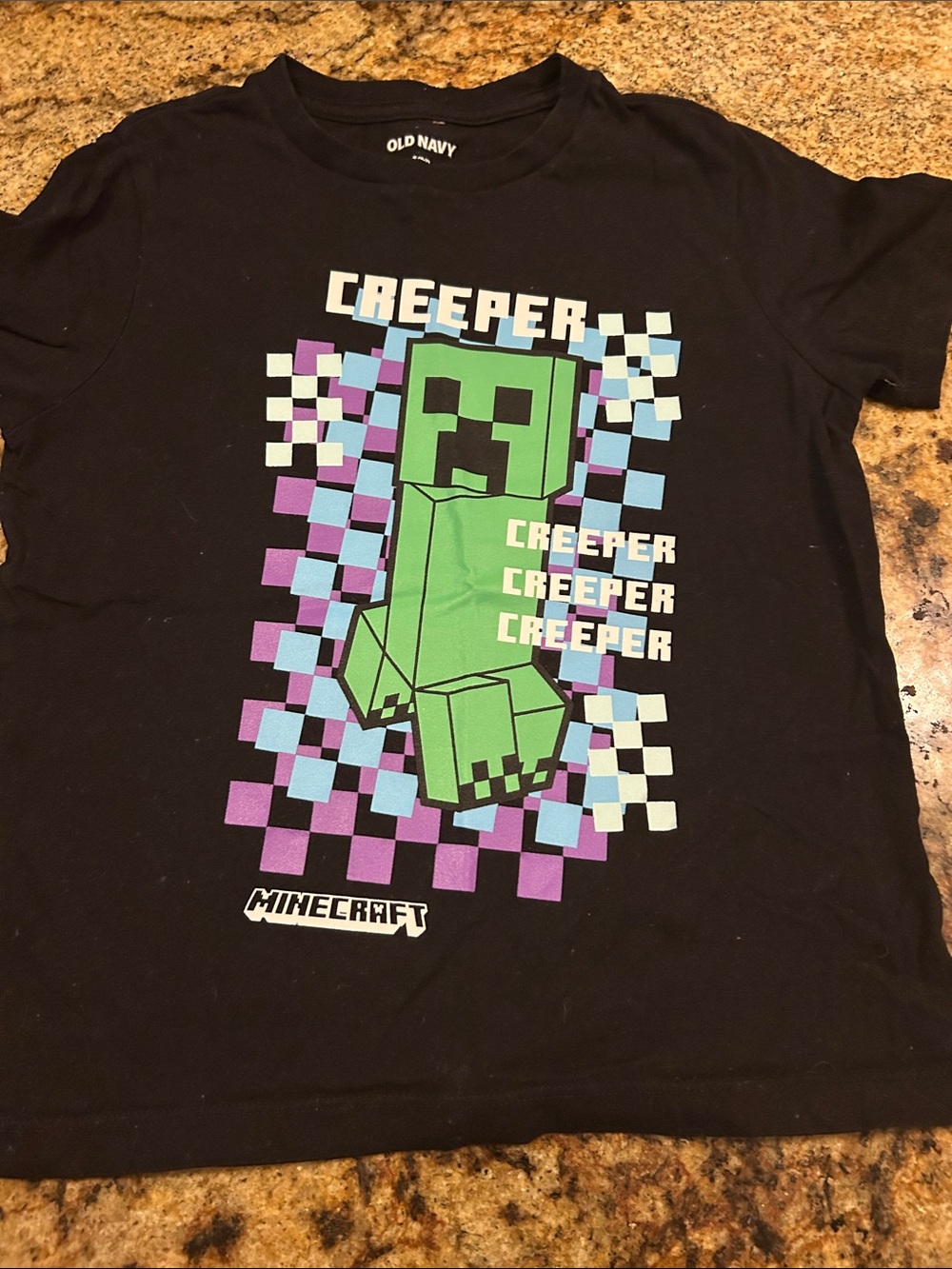 Old Navy Black Tee with Green Minecraft Creeper and Purple Accents